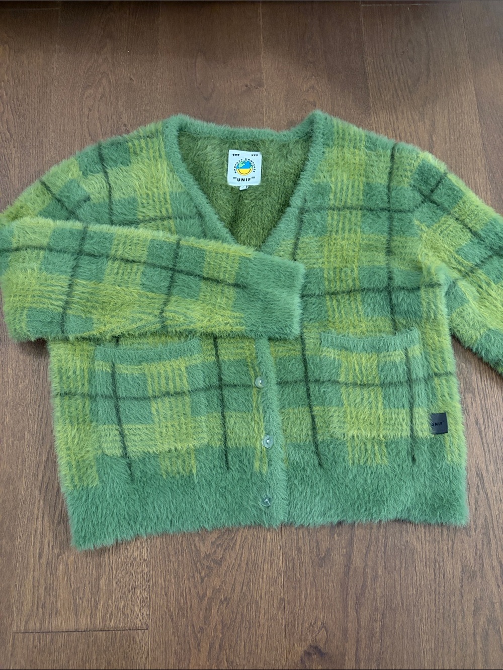 UNIF Green Plaid Fuzzy Cardigan - Picture 3 of 5